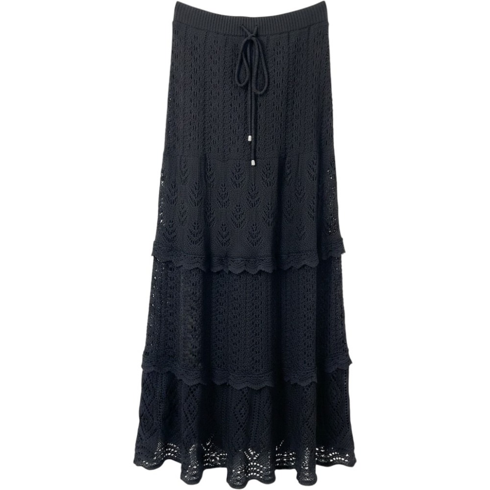 Solitaire Black Crochet Knit Tiered Maxi Skirt Boho Scalloped Hem Medium NWT